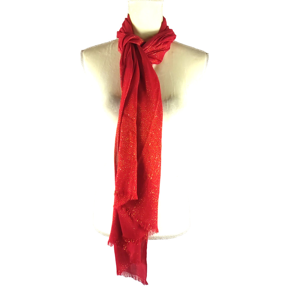 Red Scarf Gold Metallic Thread Rectangle Scarf 68 X 18 Christmas Evening Wear